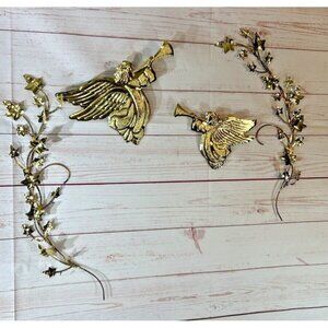 Home Decor ANGEL w/ Horn Tin Gold Toned Wall Hanging With Set Foil Leaves leaf